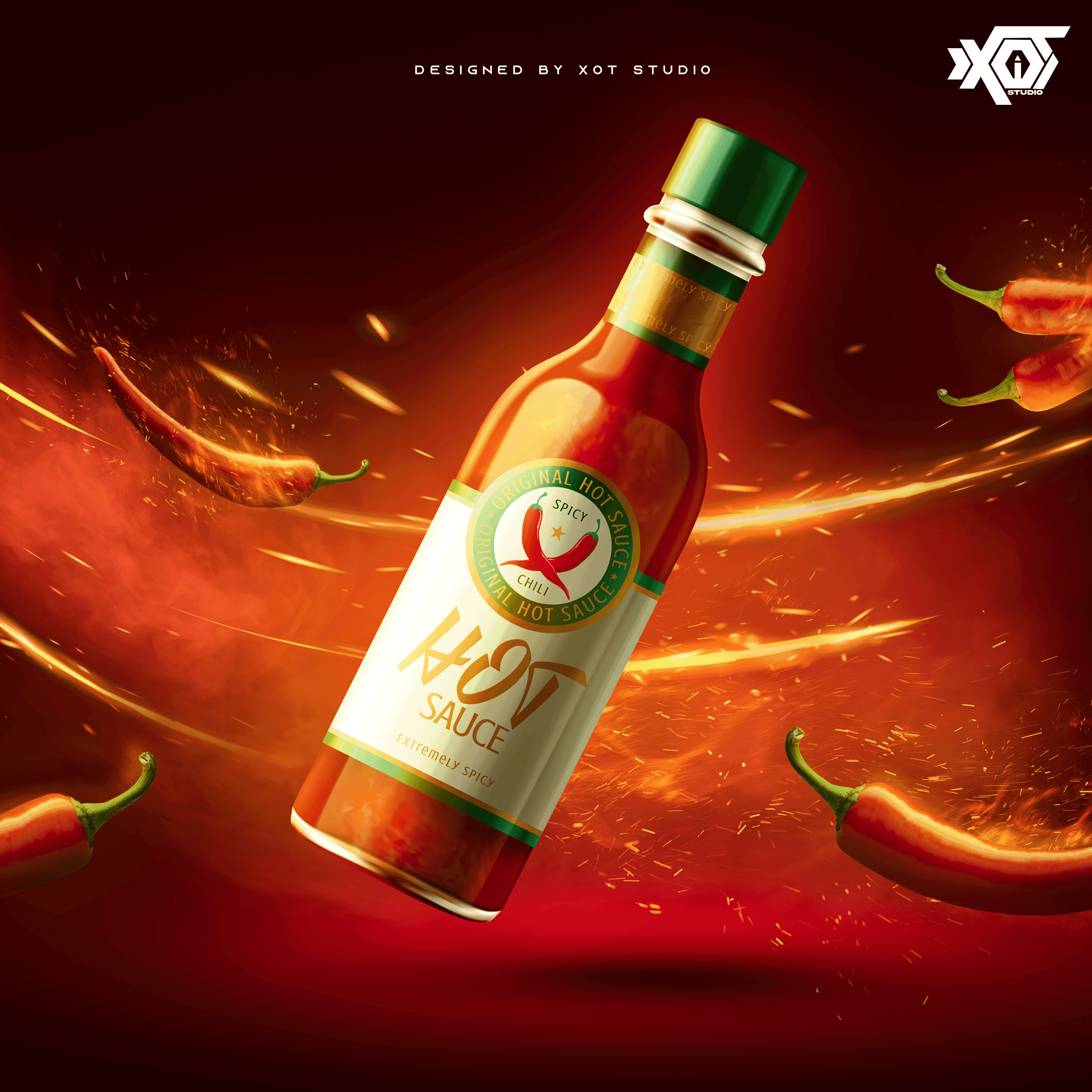 Hot sauce bottle product design with fiery chili background – spicy food branding visual