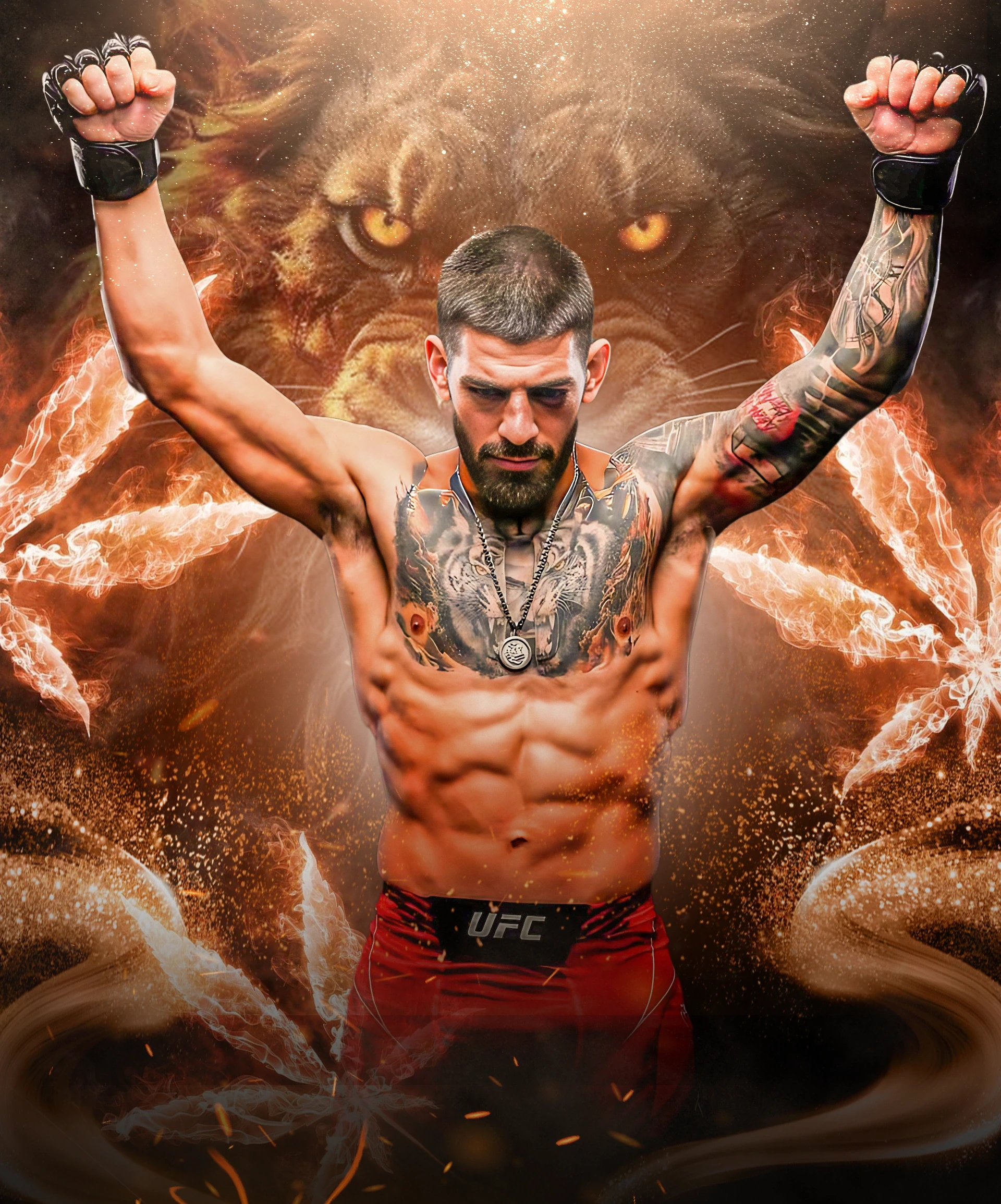 UFC fighter with raised fists and lion spirit background – intense sports poster featuring muscular athlete