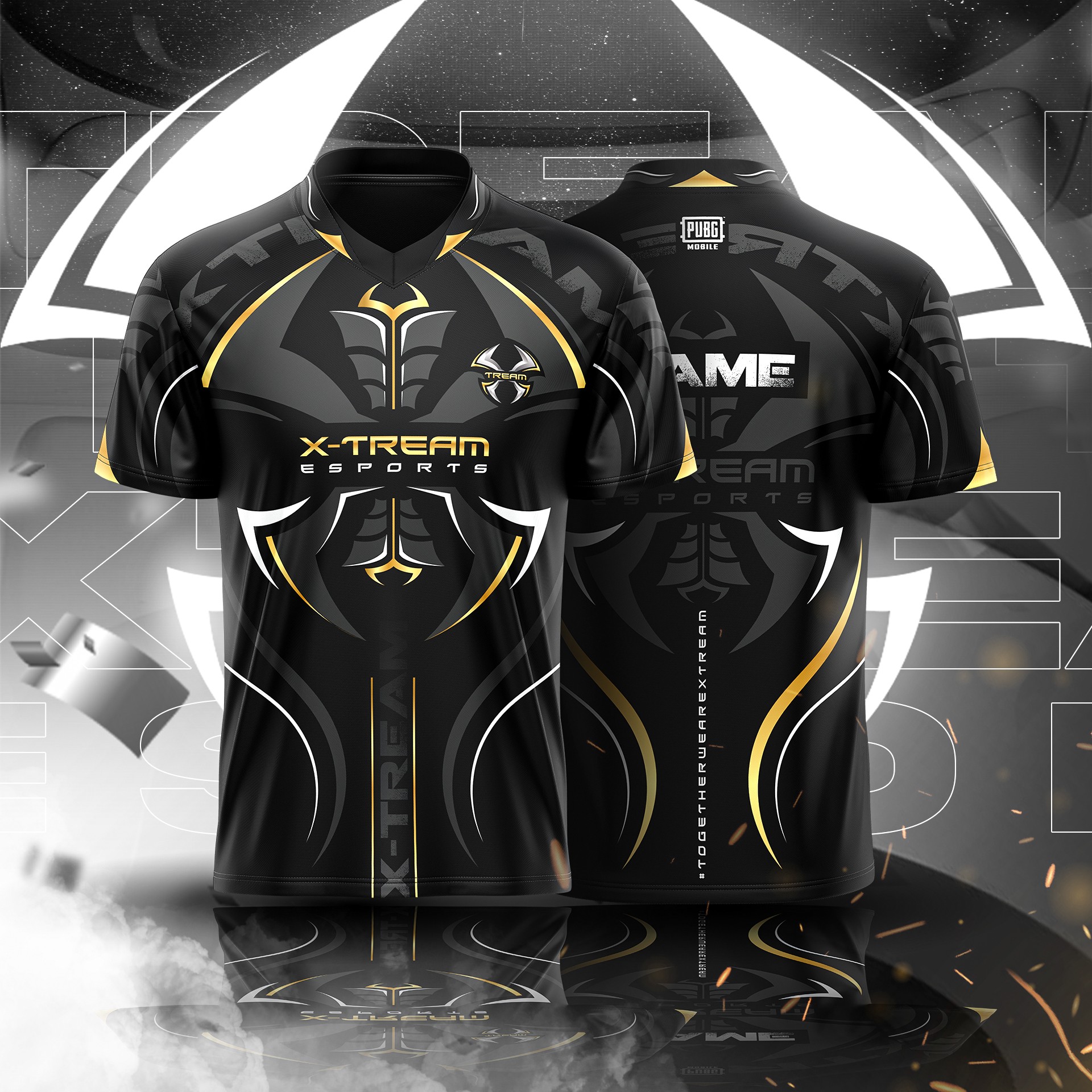 Black and yellow X-Tream esports jersey front and back mockup – competitive gaming apparel design