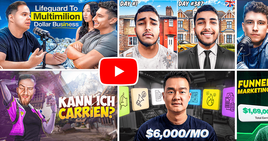YouTube thumbnail collection featuring business success stories, funnel marketing, and personal branding – colorful and clickable design