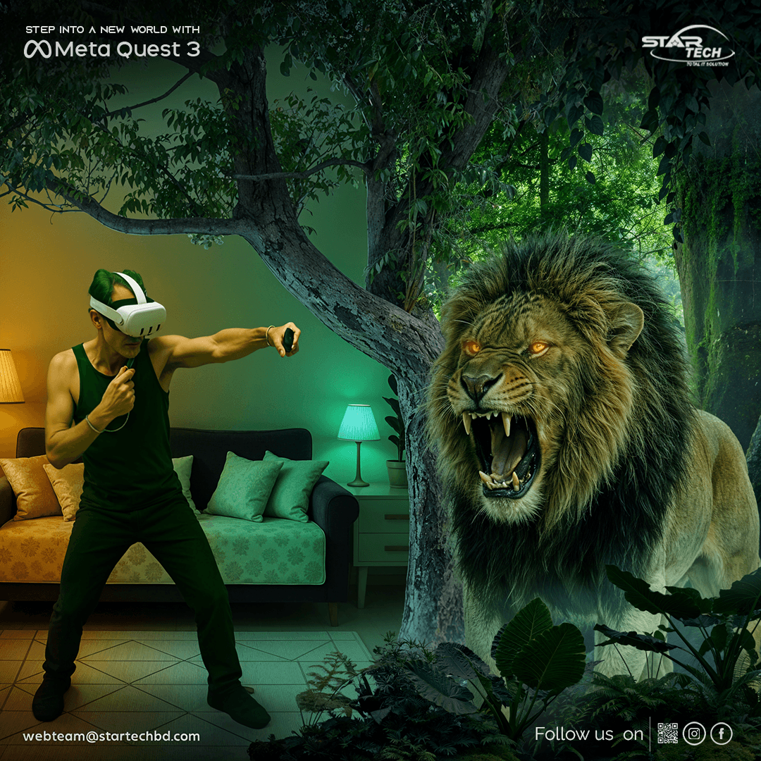 Man wearing VR headset facing roaring lion in living room jungle – Meta Quest 3 VR gaming ad