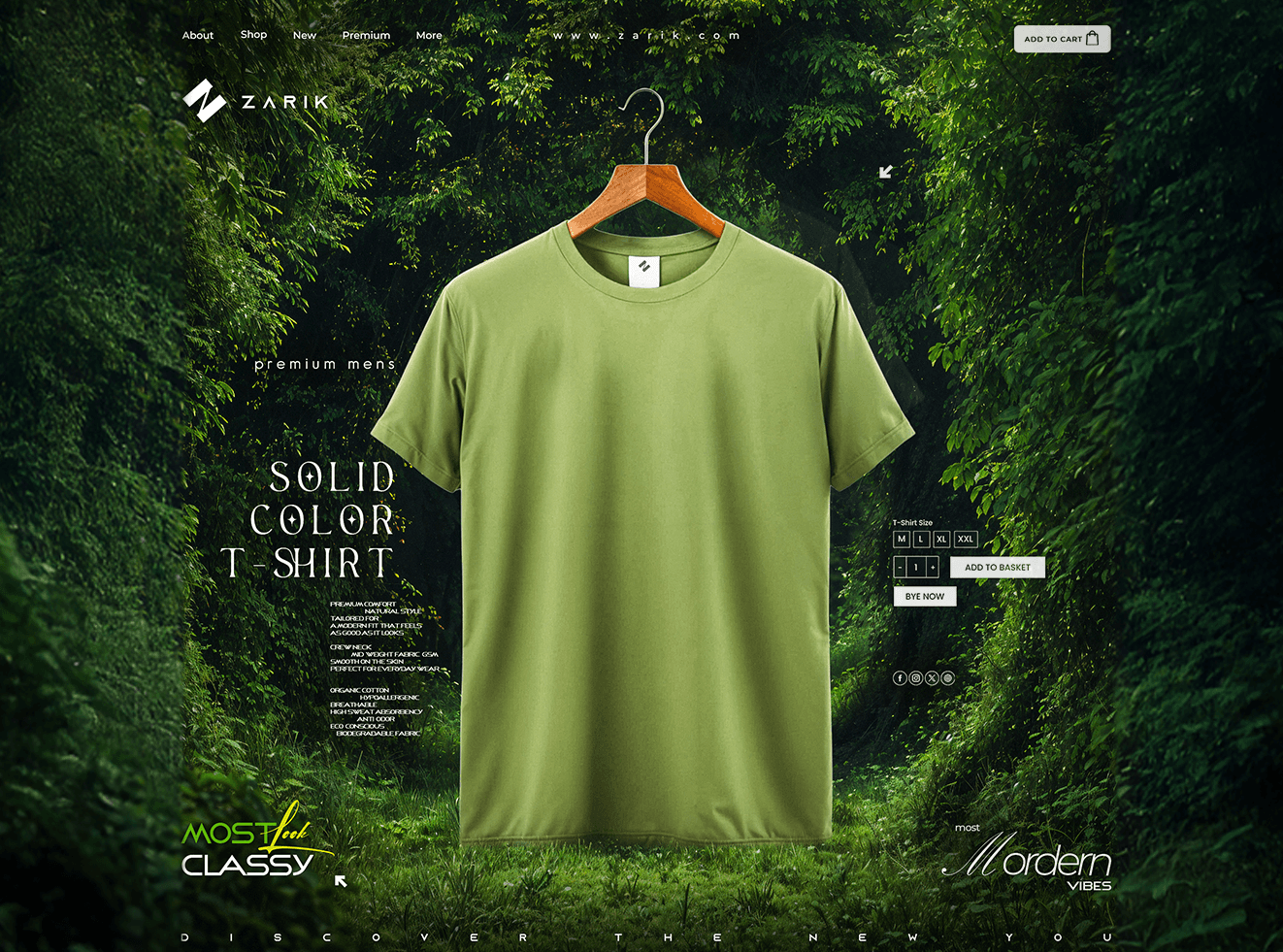 Solid green t-shirt mockup hanging in forest environment – Zarik Clothing product design