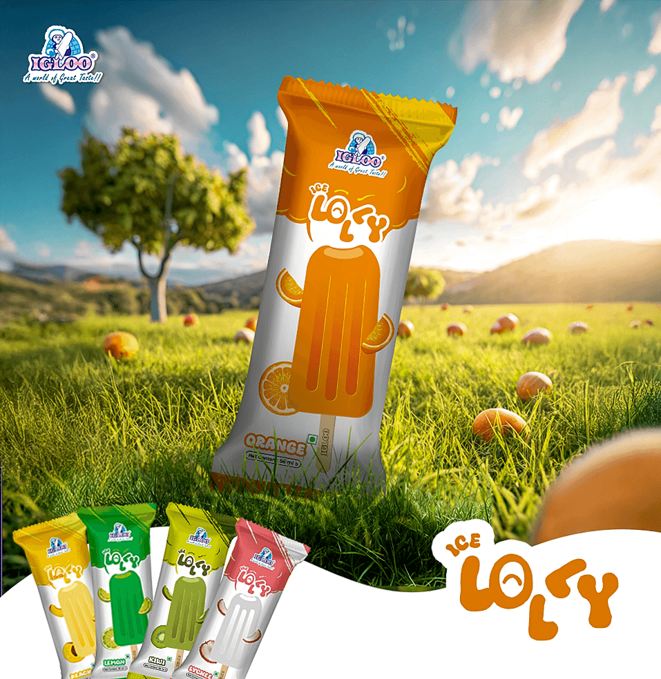 Ice Loly popsicle product packaging in colorful flavors with countryside background – ice cream ad design