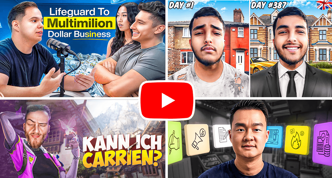 YouTube thumbnail design grid showcasing video content on business growth, success stories, and personal branding – vibrant and clickable layout
