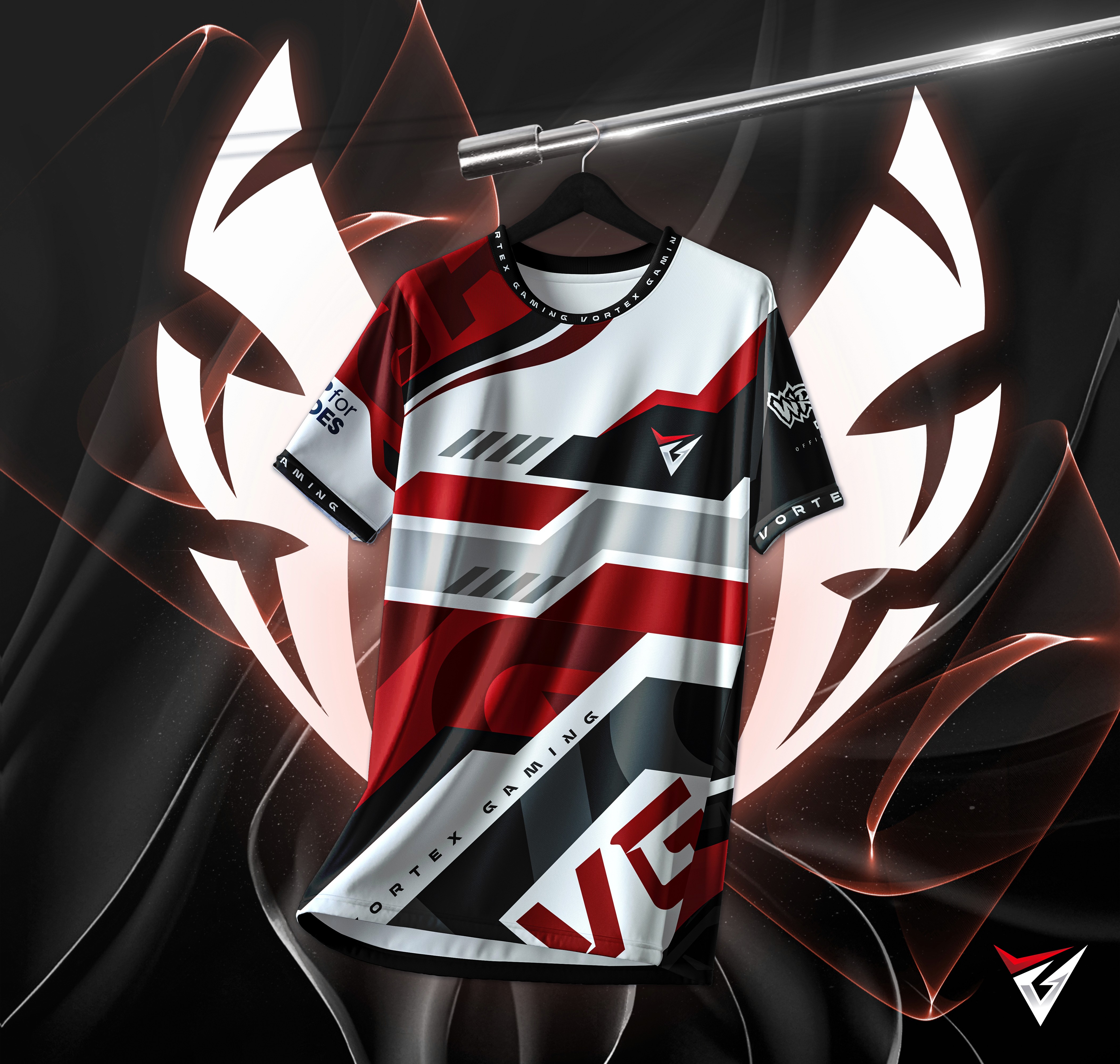 Red, white, and black esports jersey design mockup on hanger with abstract digital background – competitive gaming apparel showcase