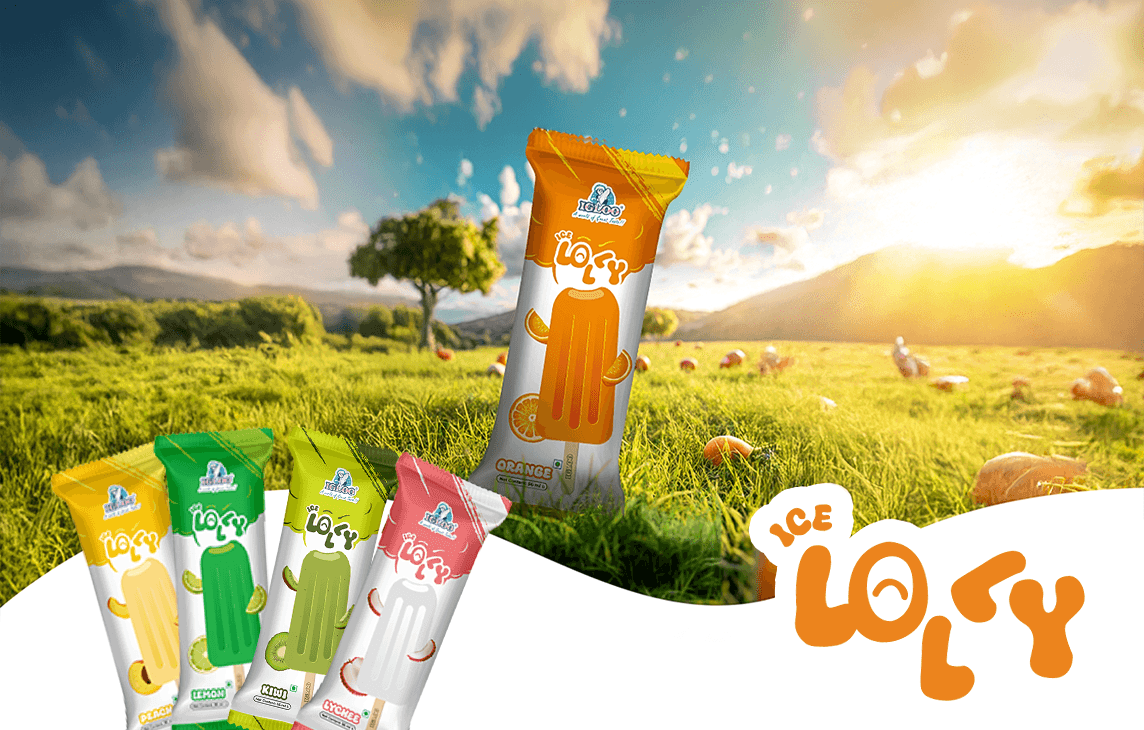 Ice Loly popsicle product packaging in colorful flavors with countryside background – ice cream ad design