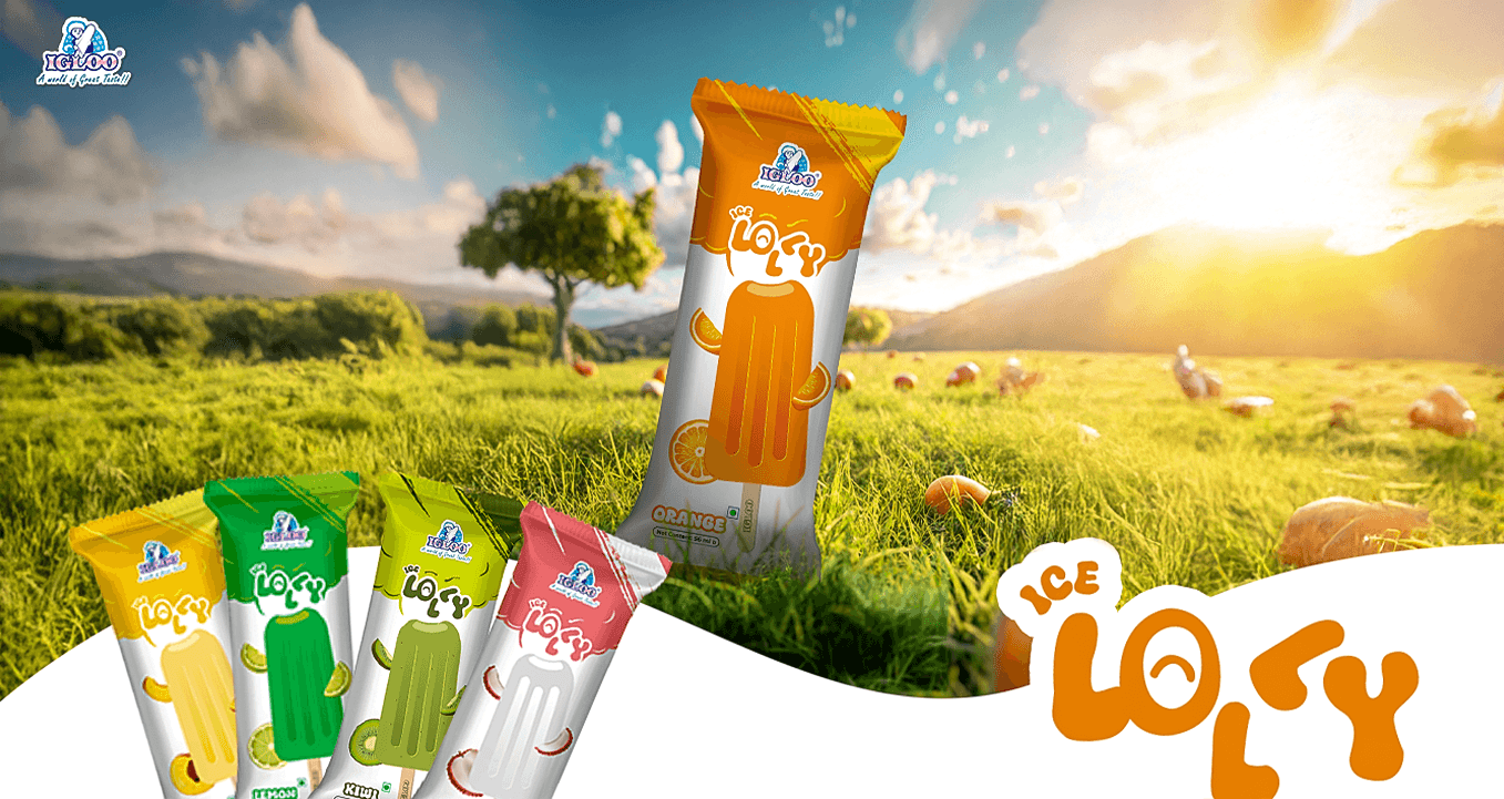 Ice Loly popsicle product packaging in colorful flavors with countryside background – ice cream ad design