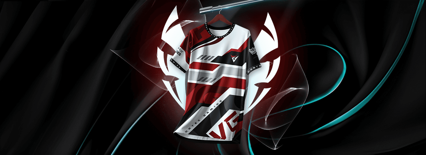 Red, white, and black esports jersey design mockup on hanger with abstract digital background – competitive gaming apparel showcase