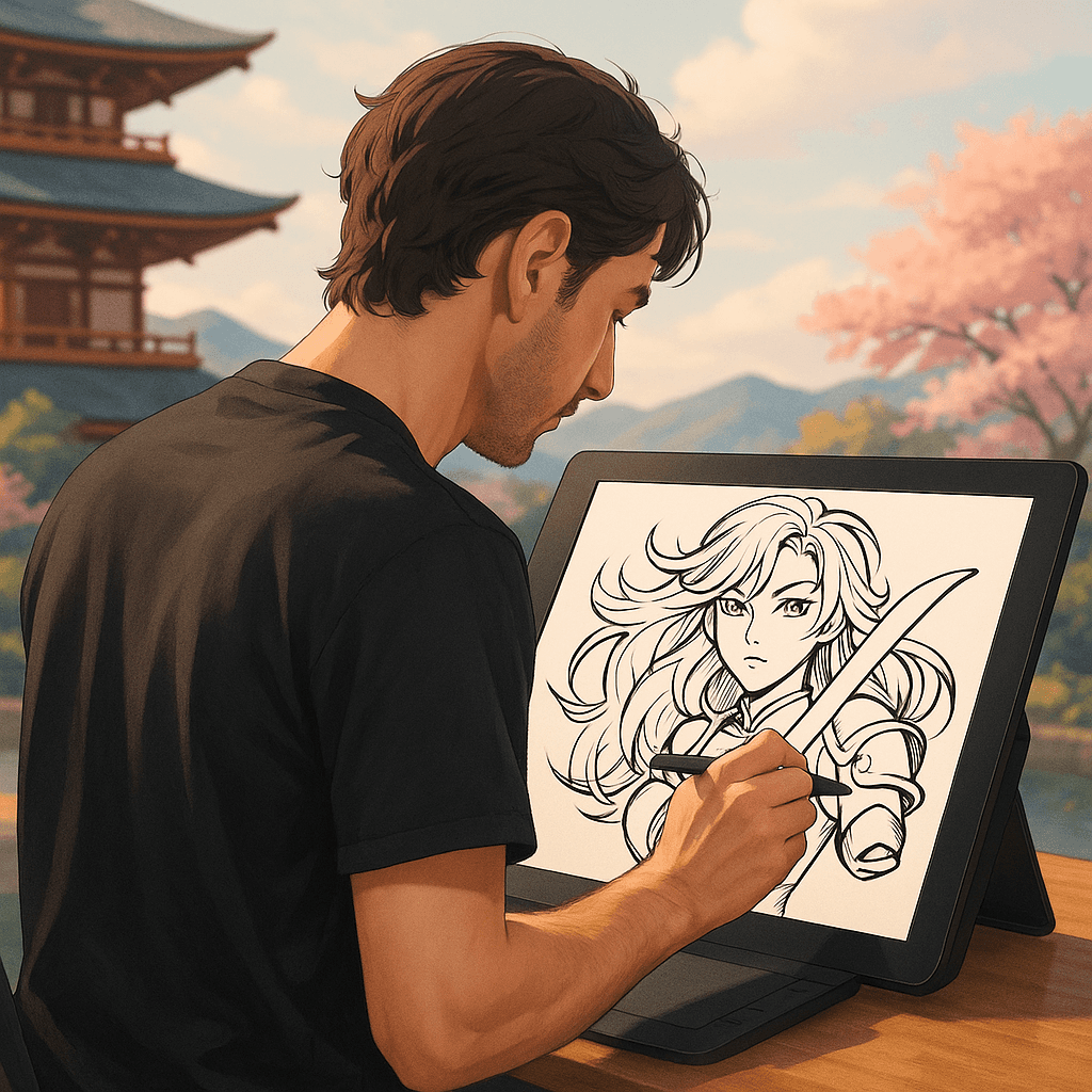 Digital artist drawing anime-style female warrior on tablet in traditional Japanese setting – manga illustration work in progress