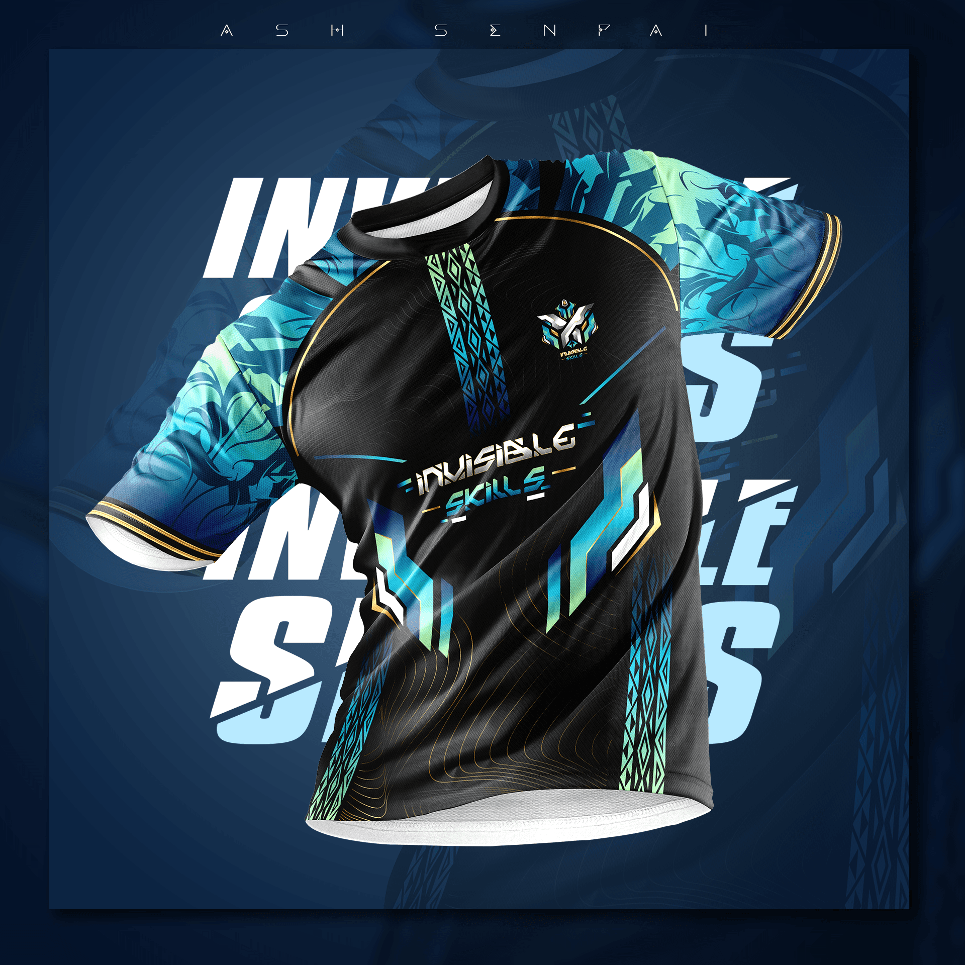 Custom esports jersey with blue and black design – Invisible Skills team apparel mockup