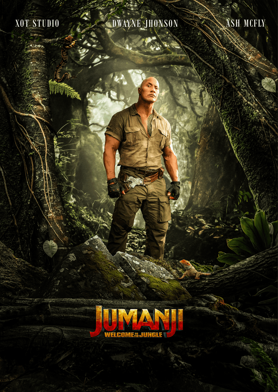 Jumanji: Welcome to the Jungle movie poster featuring Dwayne Johnson in forest setting