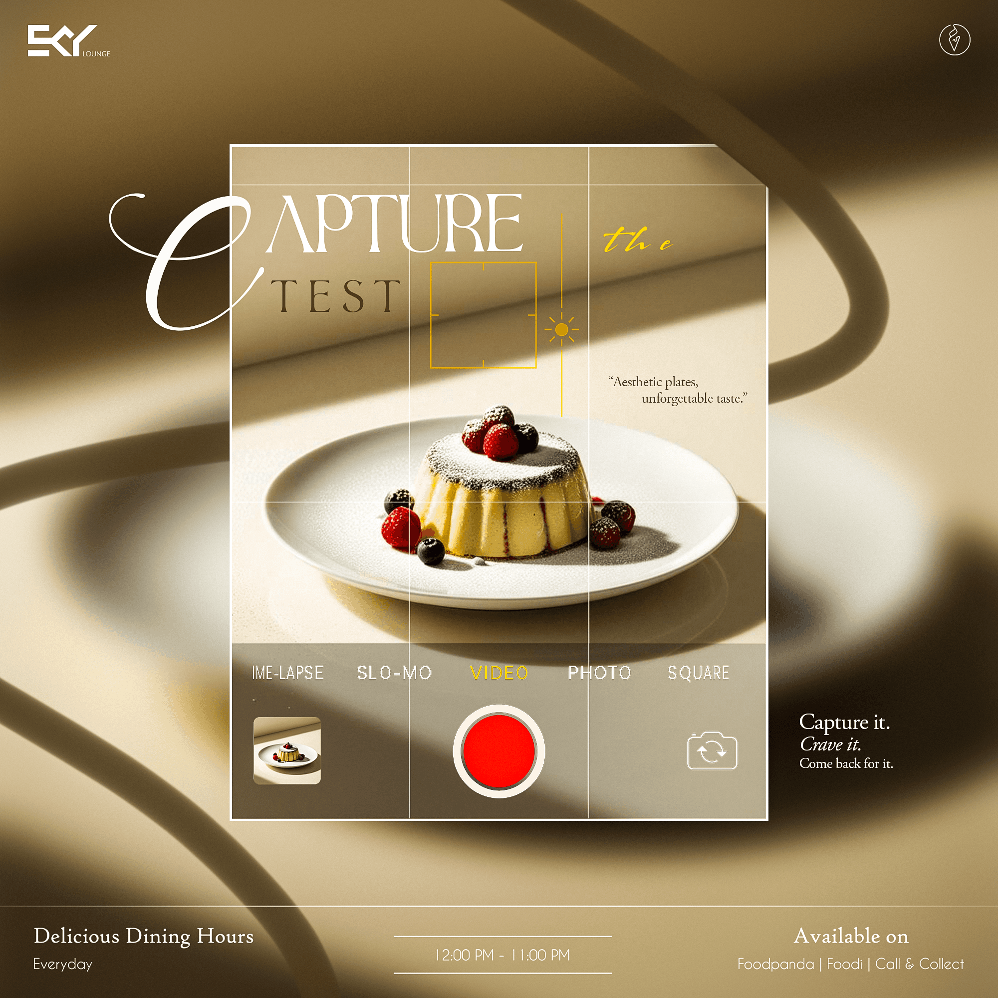 Elegant food poster with berry cheesecake and camera UI layout – food photography ad concept