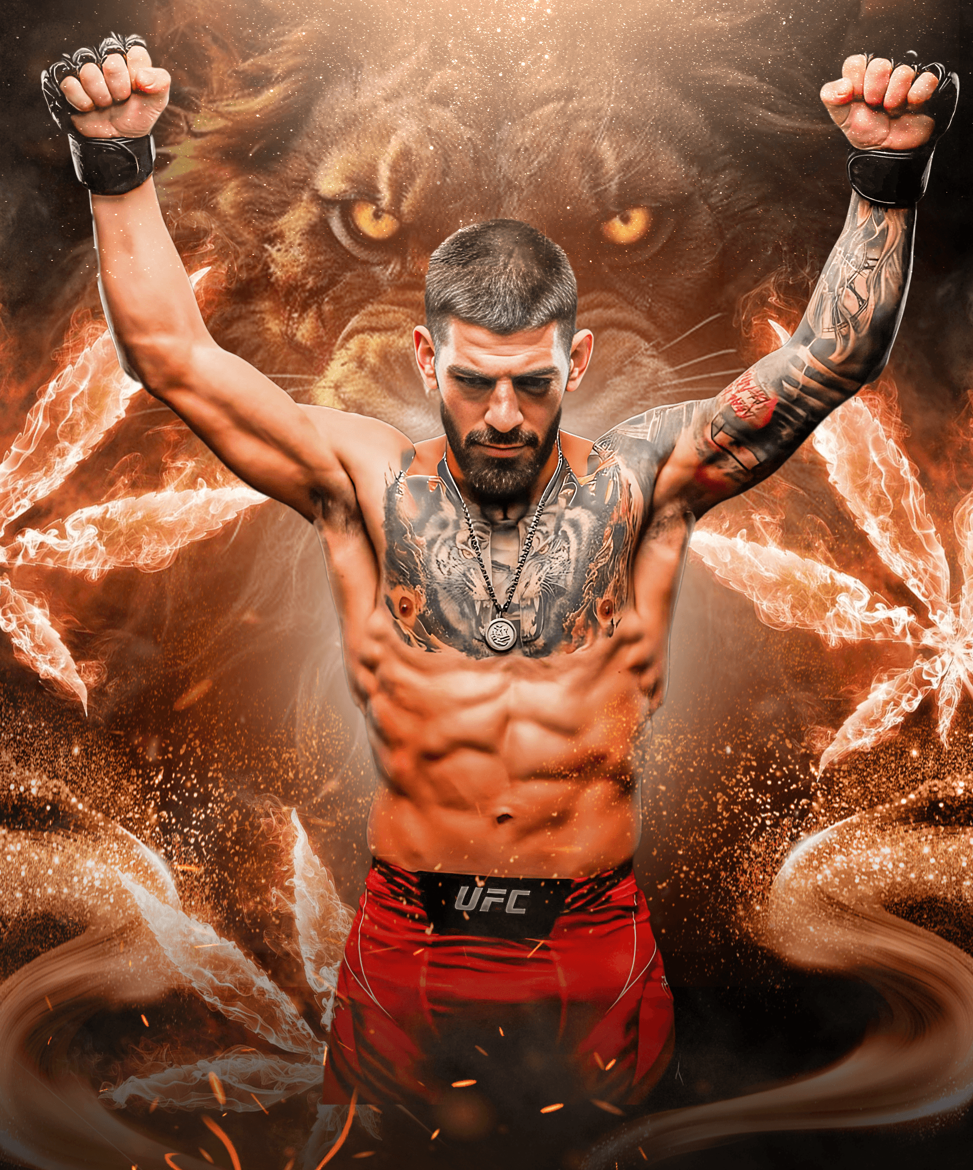 UFC fighter poster with lion spirit background – muscular man raising fists in fiery artwork